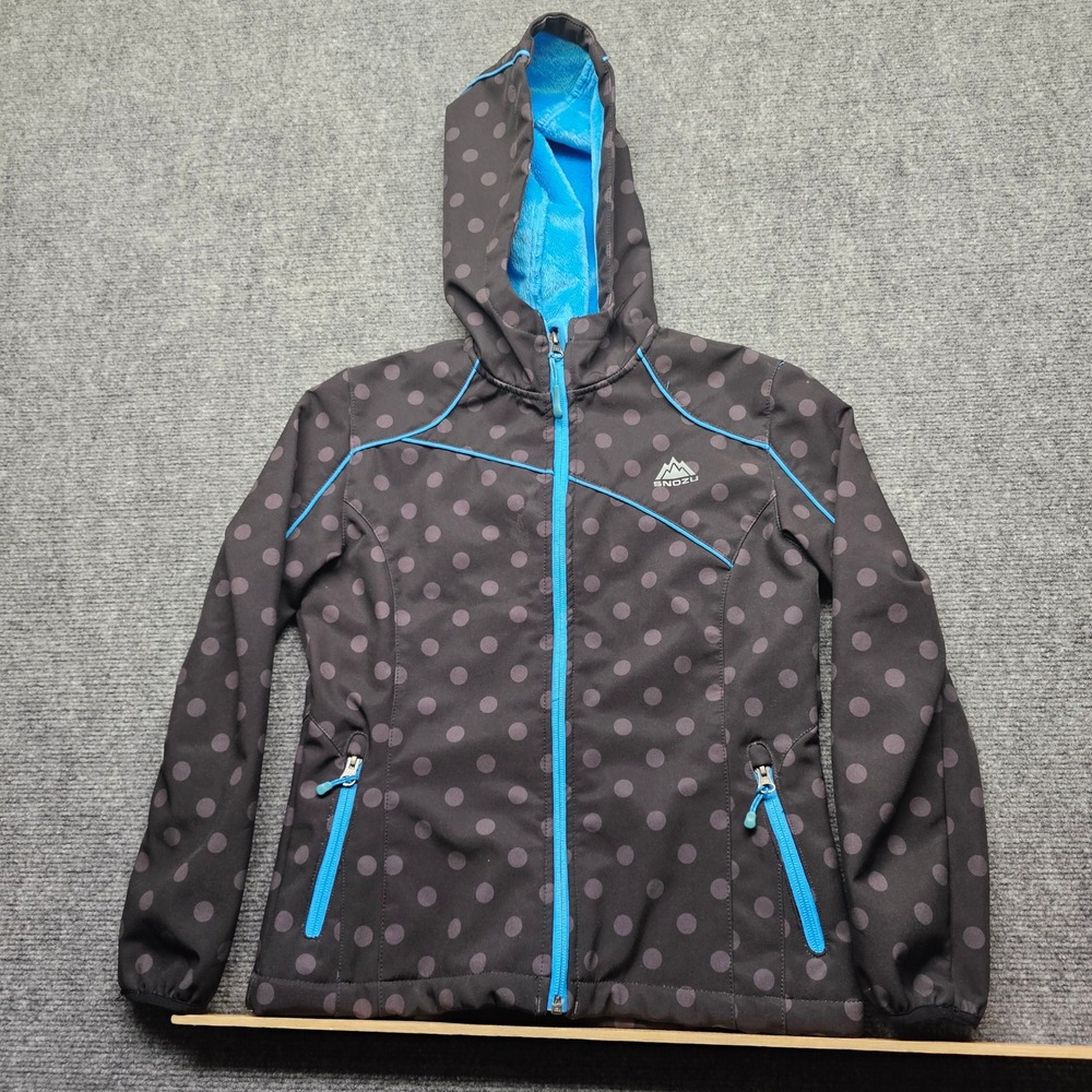 Snozu Girls M 10/12 Softshell Jacket Polka Dot Hooded Fleece Lined Blue Grey